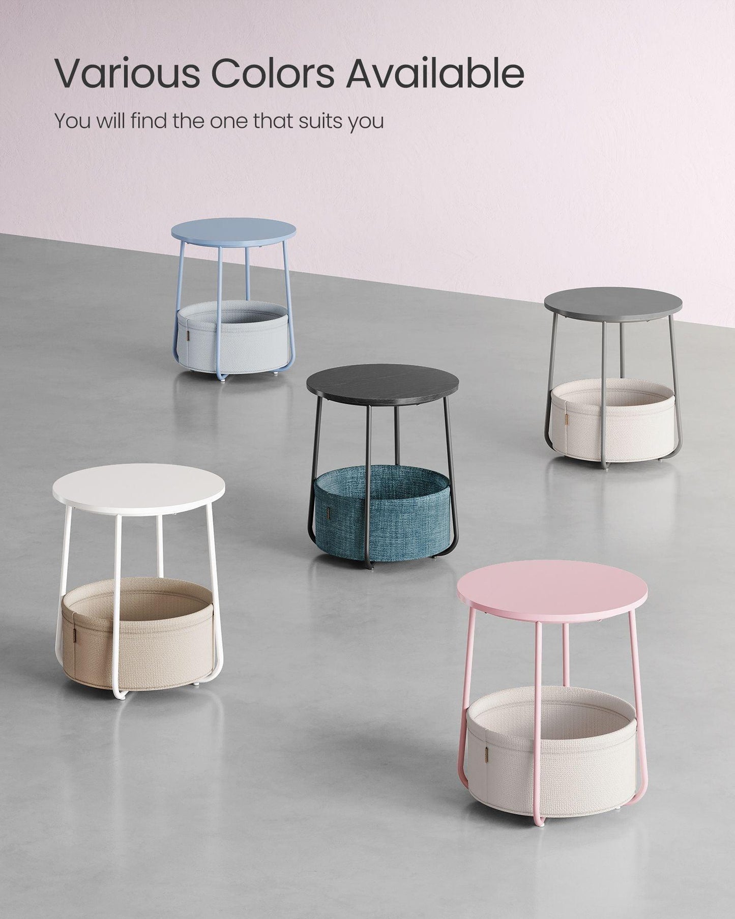 Round Side Table with Fabric Basket Jelly Pink and Classic White FredCo