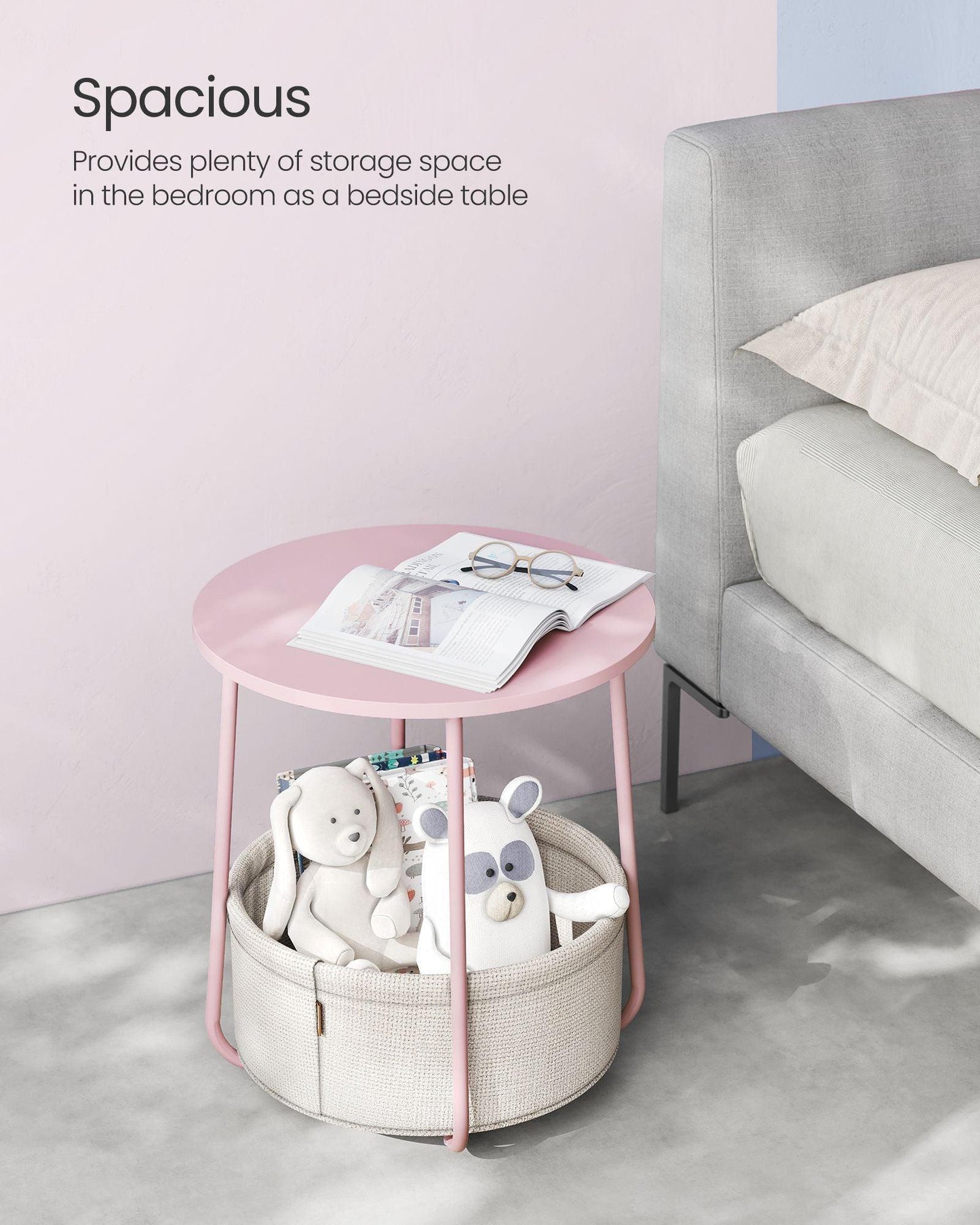 Round Side Table with Fabric Basket Jelly Pink and Classic White FredCo