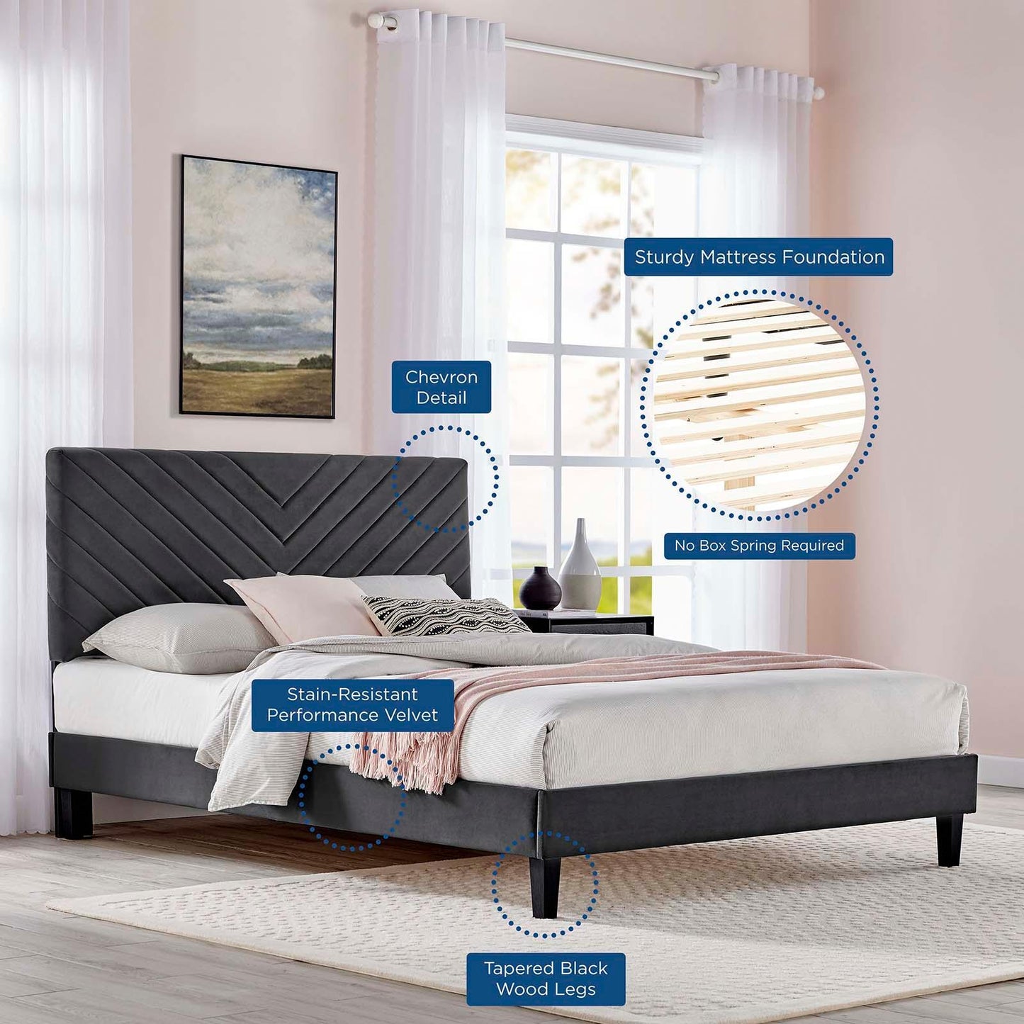 Roxanne Performance Velvet Queen Platform Bed, MOD-6285 FredCo