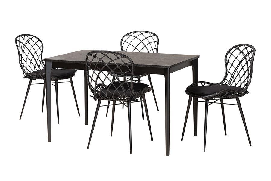 Sabelle Modern Bohemian Black Finished Wood and Rattan 5-Piece Dining Set FredCo