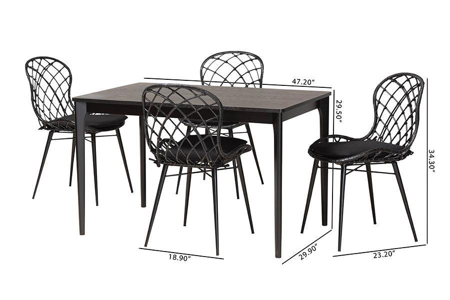 Sabelle Modern Bohemian Black Finished Wood and Rattan 5-Piece Dining Set FredCo