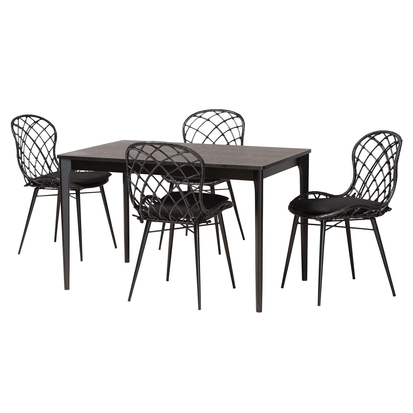Sabelle Modern Bohemian Black Finished Wood and Rattan 5-Piece Dining Set FredCo