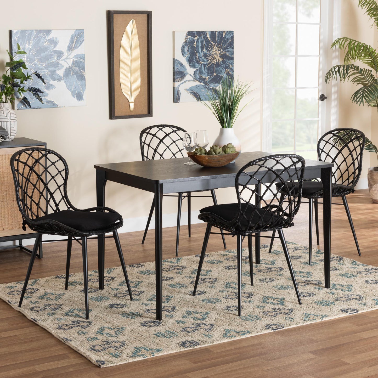 Sabelle Modern Bohemian Black Finished Wood and Rattan 5-Piece Dining Set FredCo