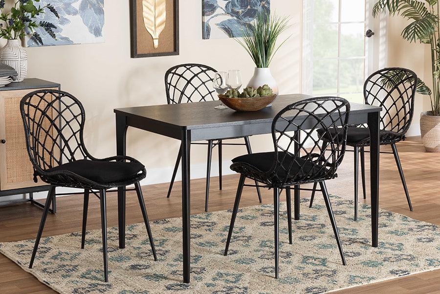 Sabelle Modern Bohemian Black Finished Wood and Rattan 5-Piece Dining Set FredCo