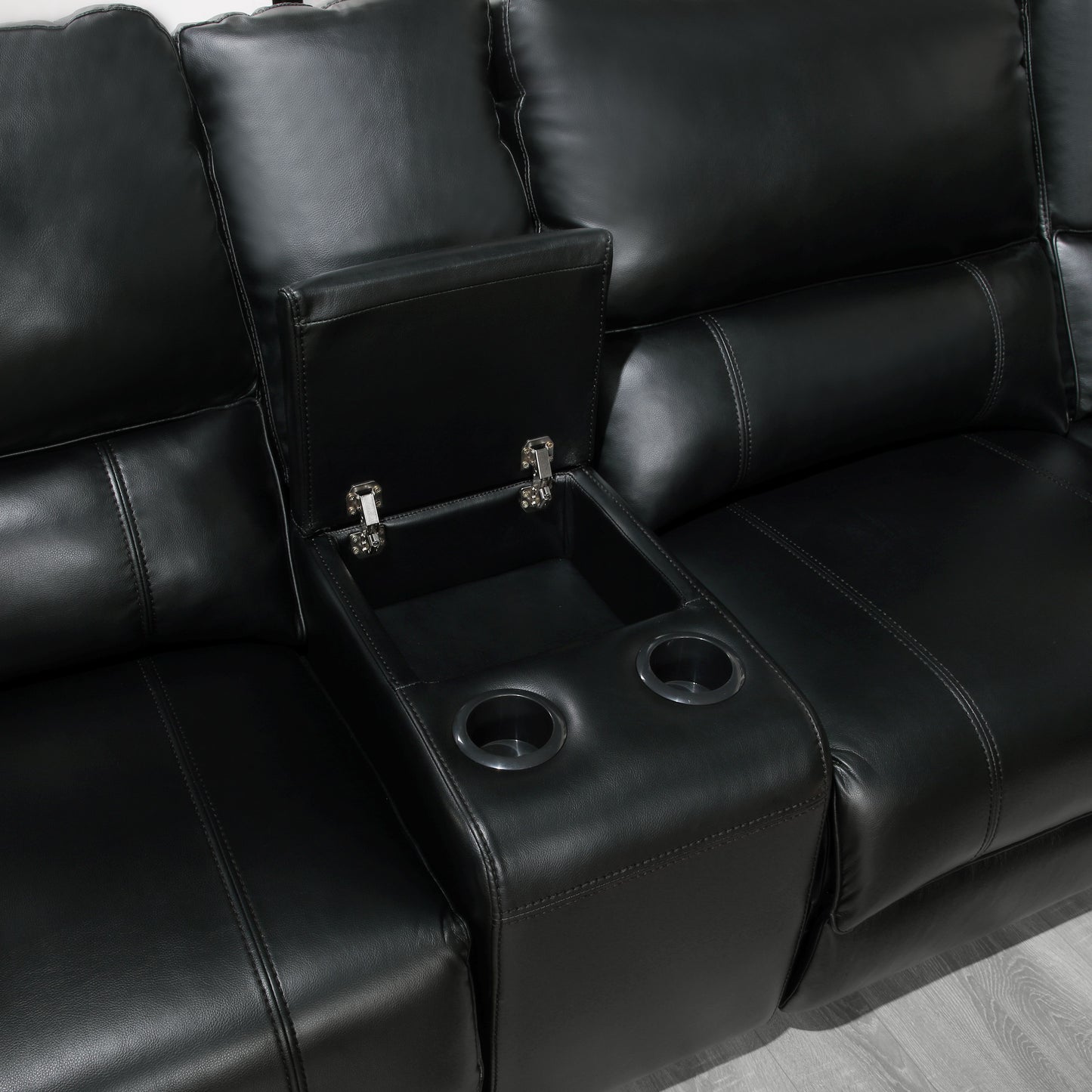 Saul Black Leather Aire Power Recliner Sectional Sofa w/ USB Port & Cupholder Console FredCo