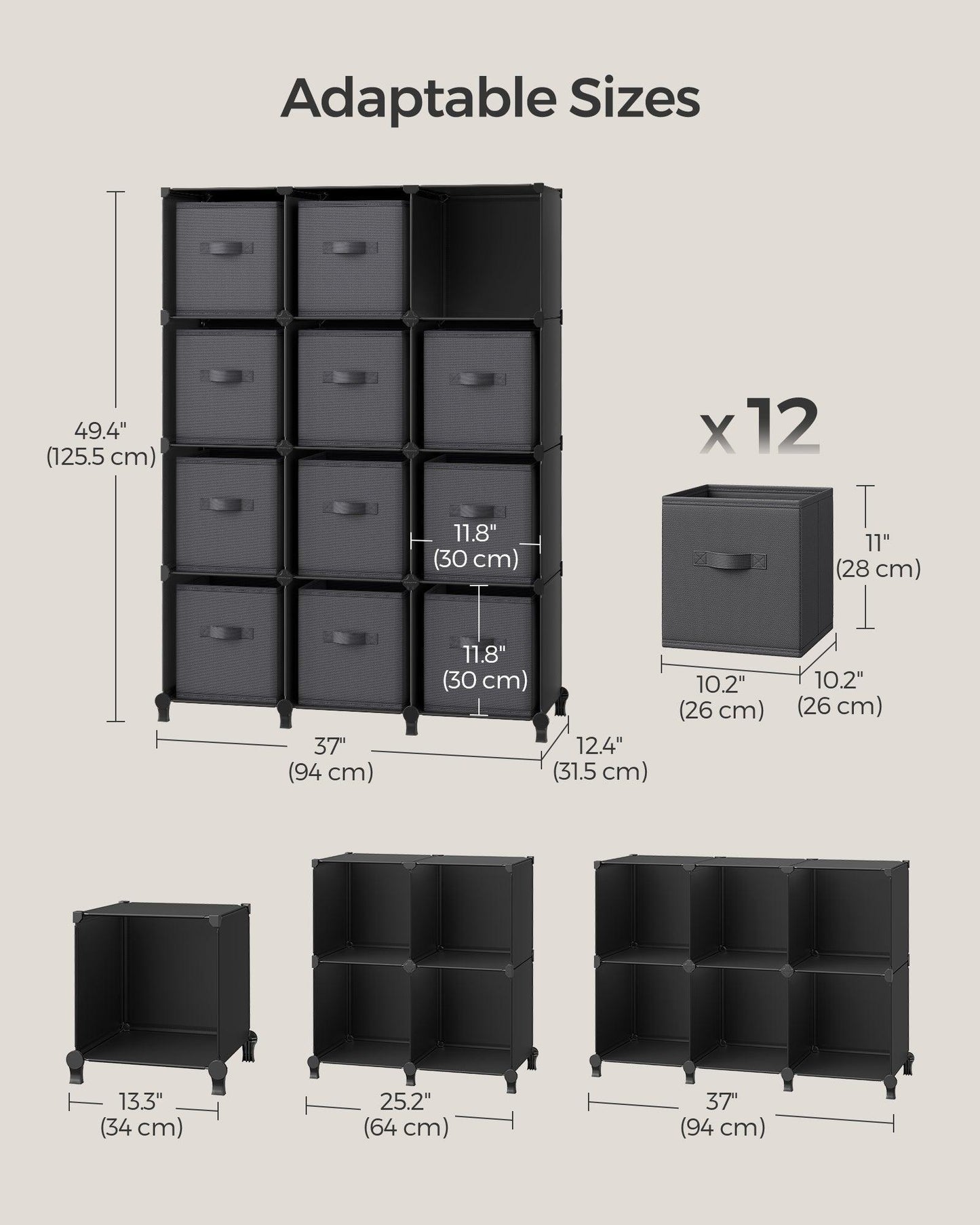 Set of 12-Cube Organizer Ink Black and Dove Gray FredCo