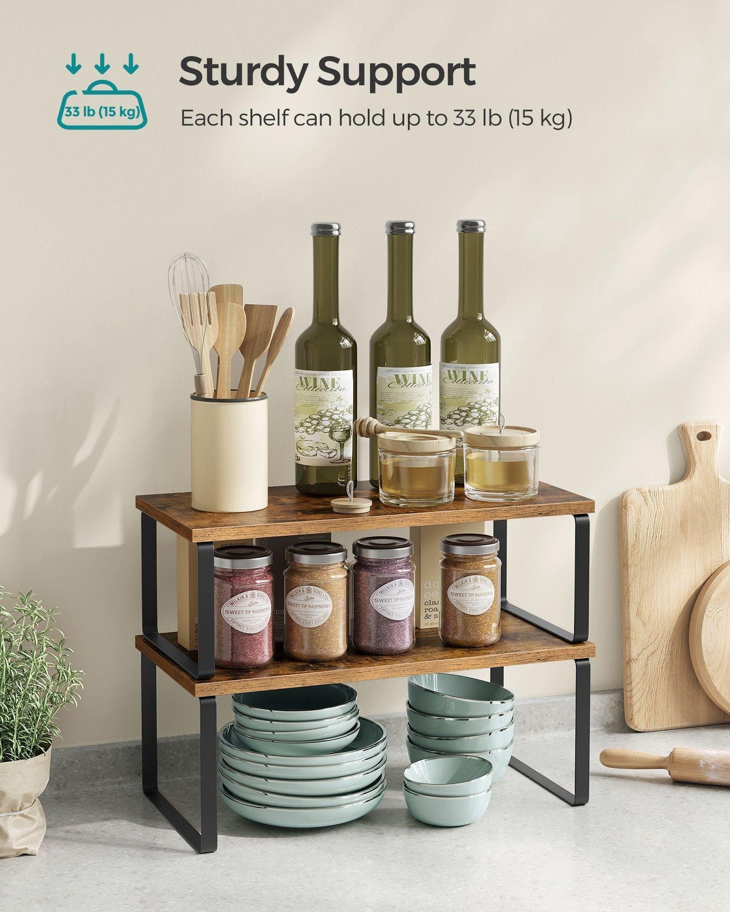 Set of 2 Kitchen Counter Shelves Ink Black and Rustic Brown FredCo