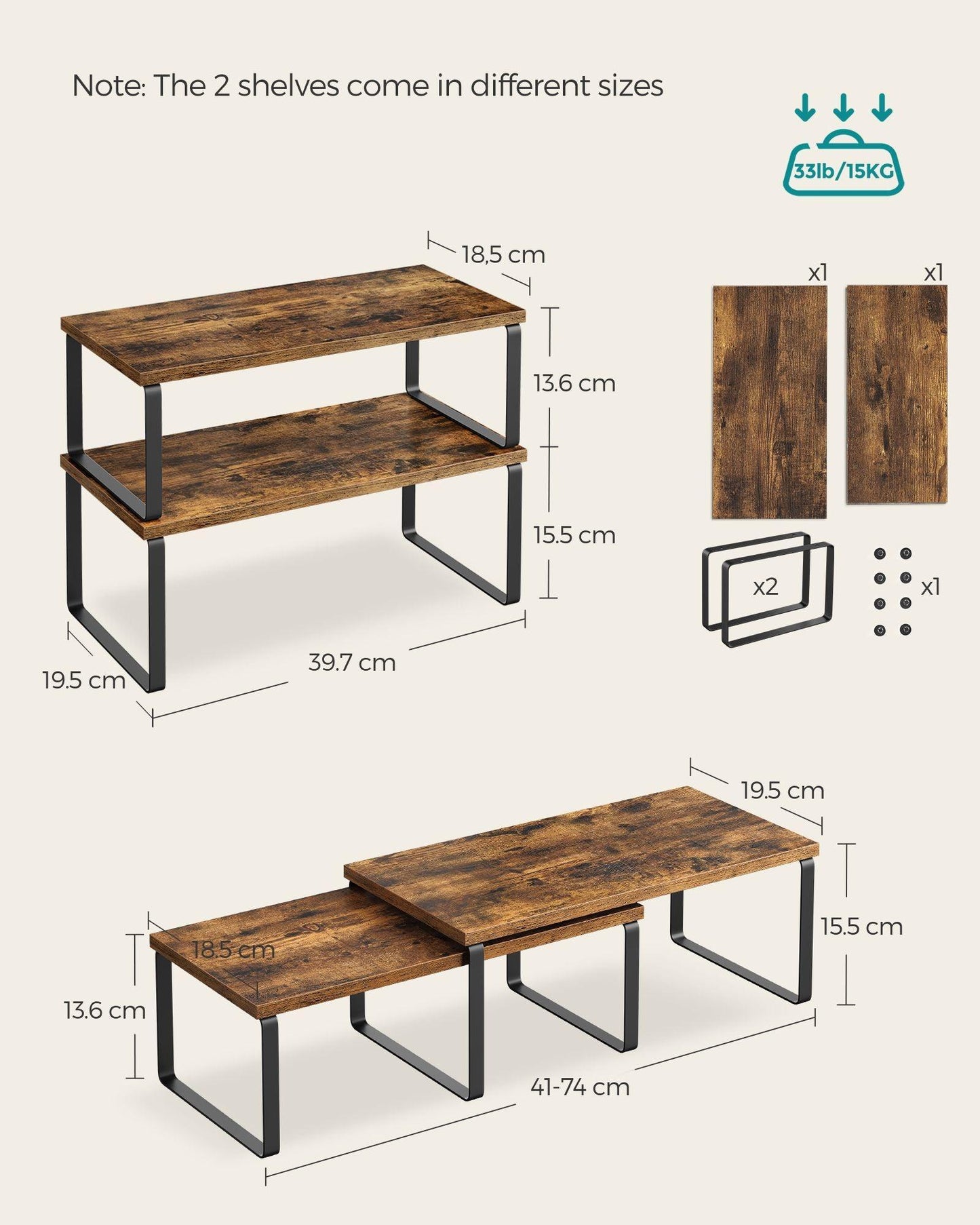 Set of 2 Kitchen Counter Shelves Ink Black and Rustic Brown FredCo