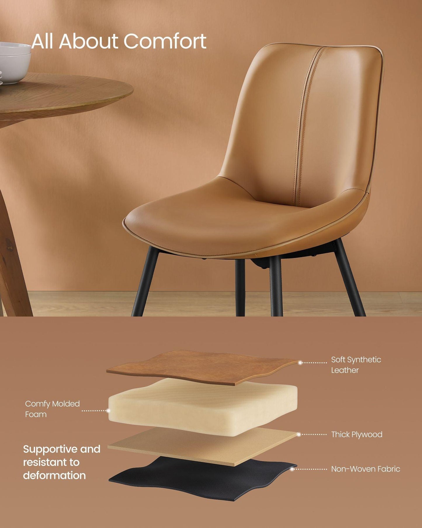 Set of 2 Upholstered Leather Dining Chairs Caramel Brown FredCo