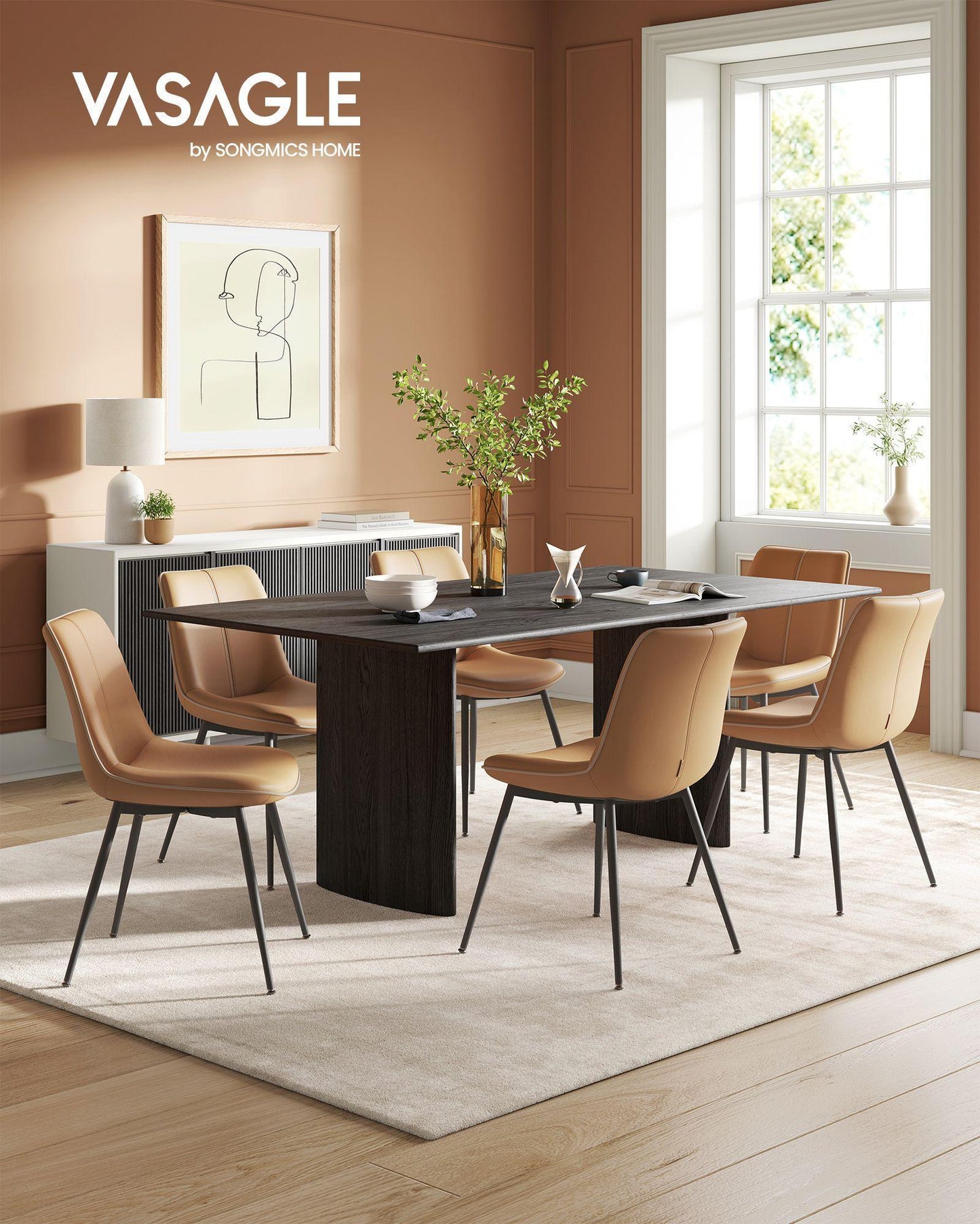 Set of 2 Upholstered Leather Dining Chairs Caramel Brown FredCo