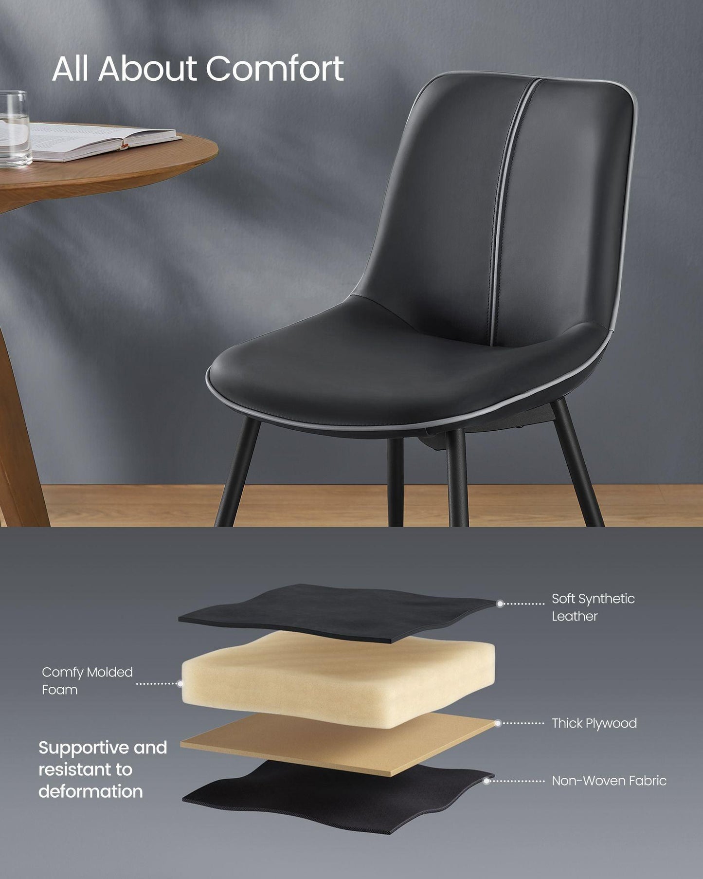 Set of 2 Upholstered Leather Dining Chairs Ink Black FredCo