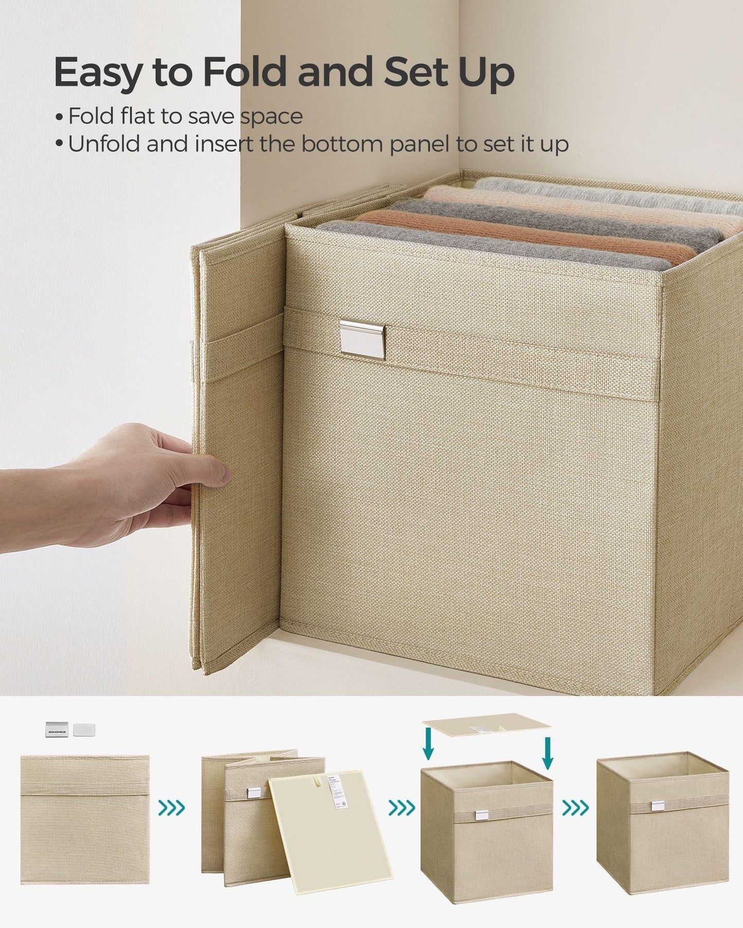 Set of 4 Storage Cubes with Double Handles Sand Beige L FredCo