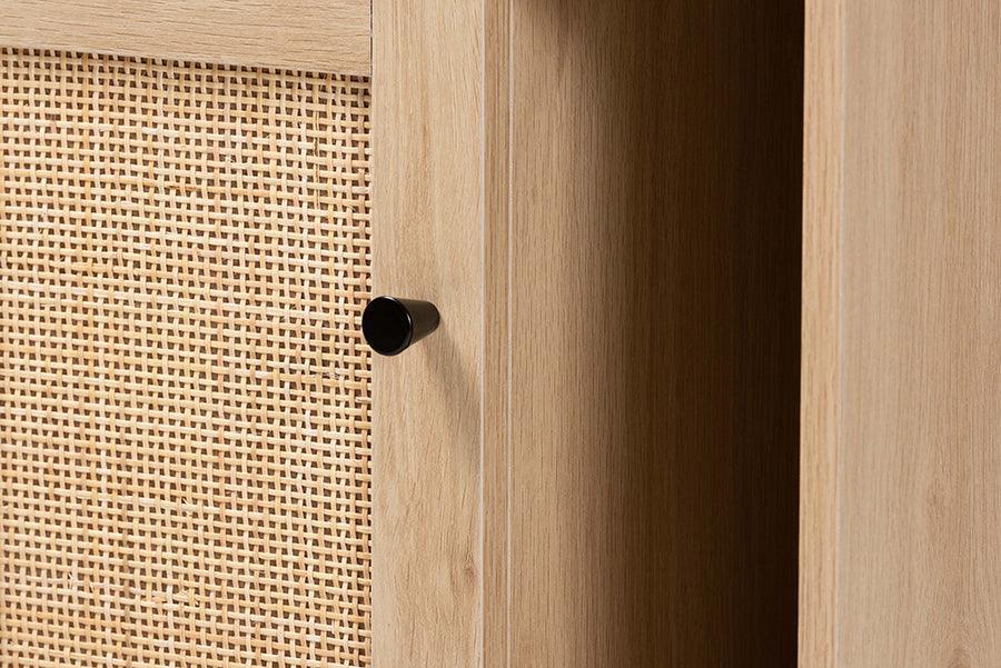 Sherwin Mid-Century Modern Light Brown and Black 1-Door Cabinet with Woven Rattan Accent FredCo
