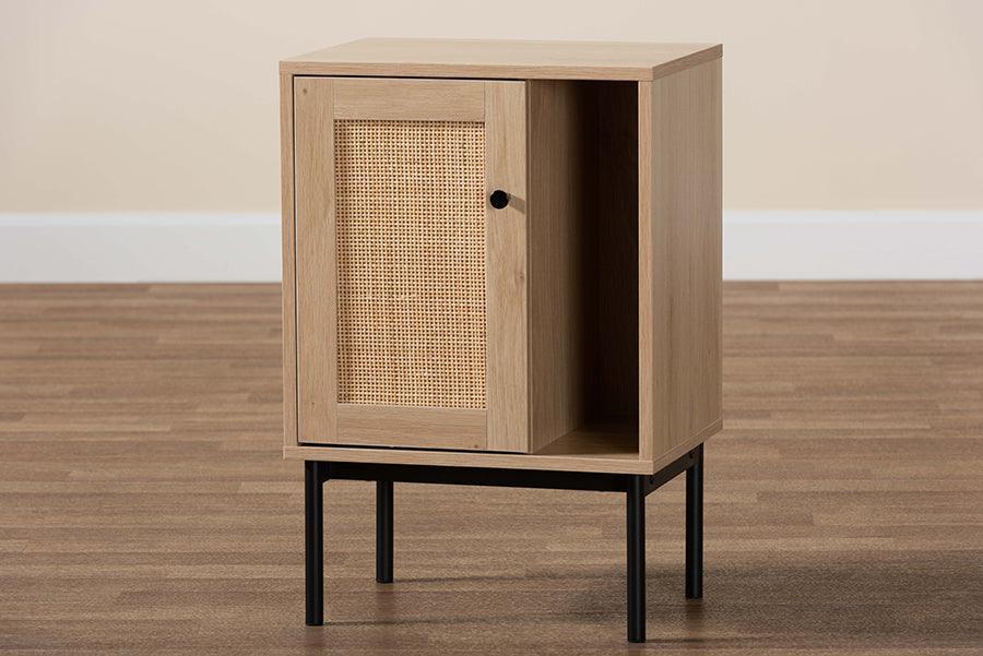 Sherwin Mid-Century Modern Light Brown and Black 1-Door Cabinet with Woven Rattan Accent FredCo
