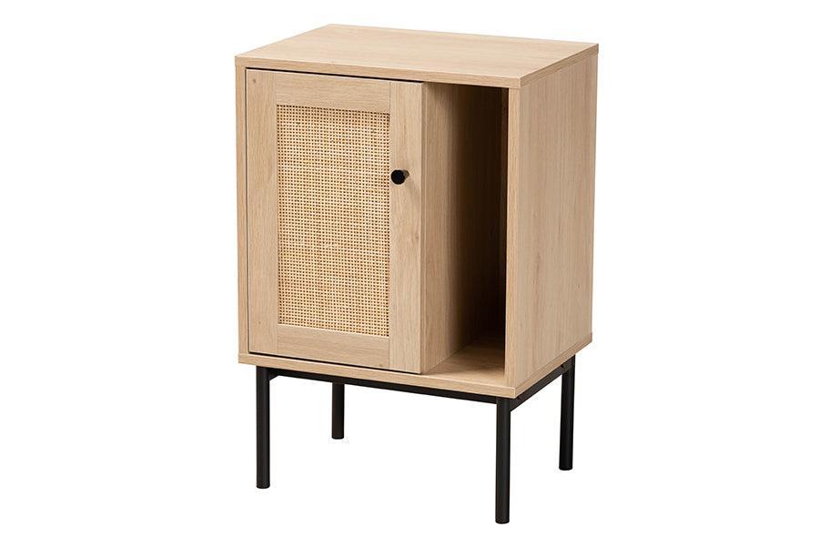 Sherwin Mid-Century Modern Light Brown and Black 1-Door Cabinet with Woven Rattan Accent FredCo