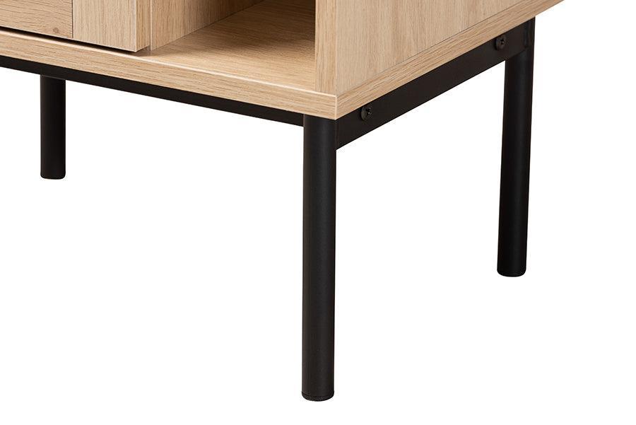 Sherwin Mid-Century Modern Light Brown and Black 1-Door Cabinet with Woven Rattan Accent FredCo