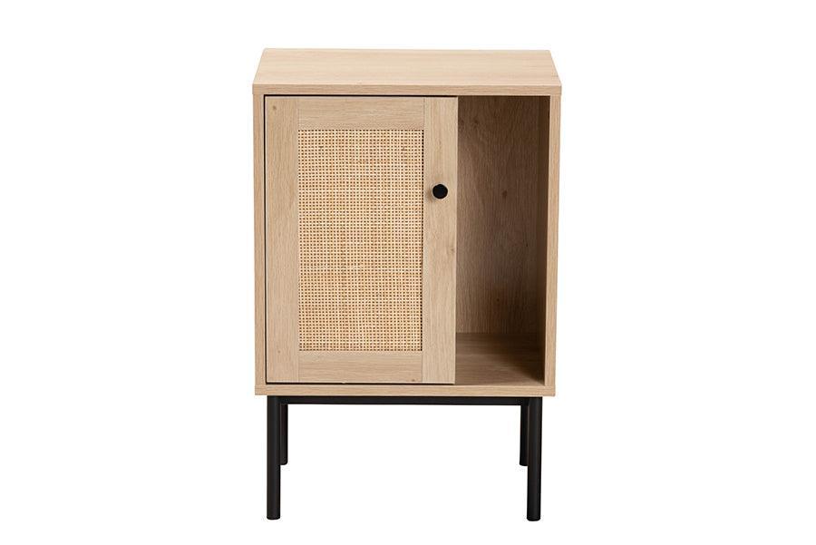 Sherwin Mid-Century Modern Light Brown and Black 1-Door Cabinet with Woven Rattan Accent FredCo