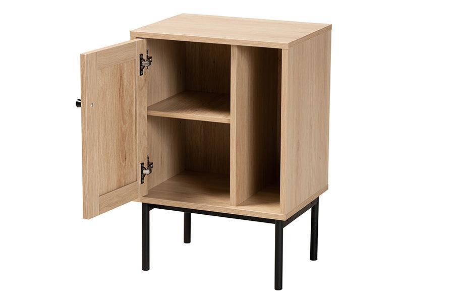 Sherwin Mid-Century Modern Light Brown and Black 1-Door Cabinet with Woven Rattan Accent FredCo