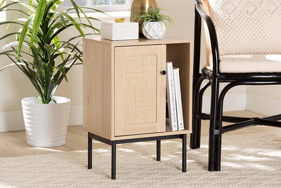 Sherwin Mid-Century Modern Light Brown and Black 1-Door Cabinet with Woven Rattan Accent FredCo