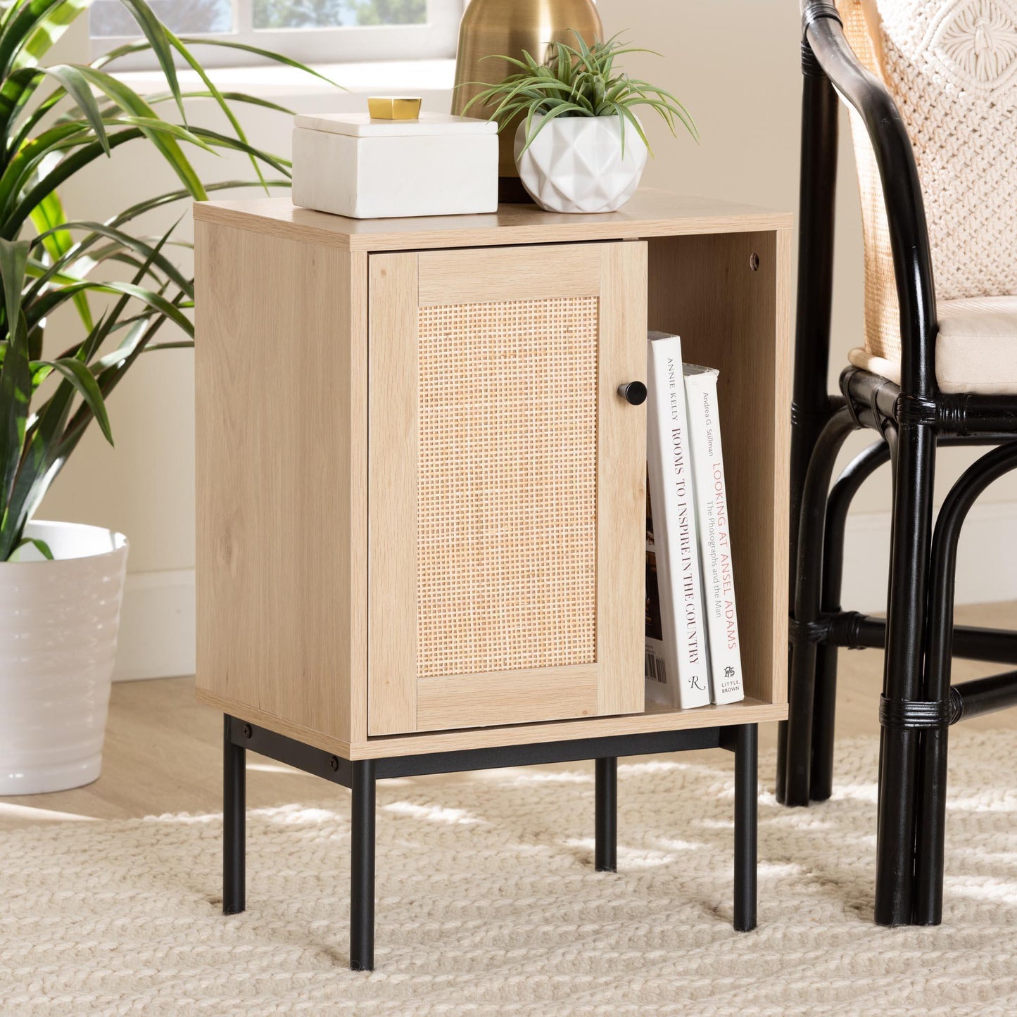 Sherwin Mid-Century Modern Light Brown and Black 1-Door Cabinet with Woven Rattan Accent FredCo