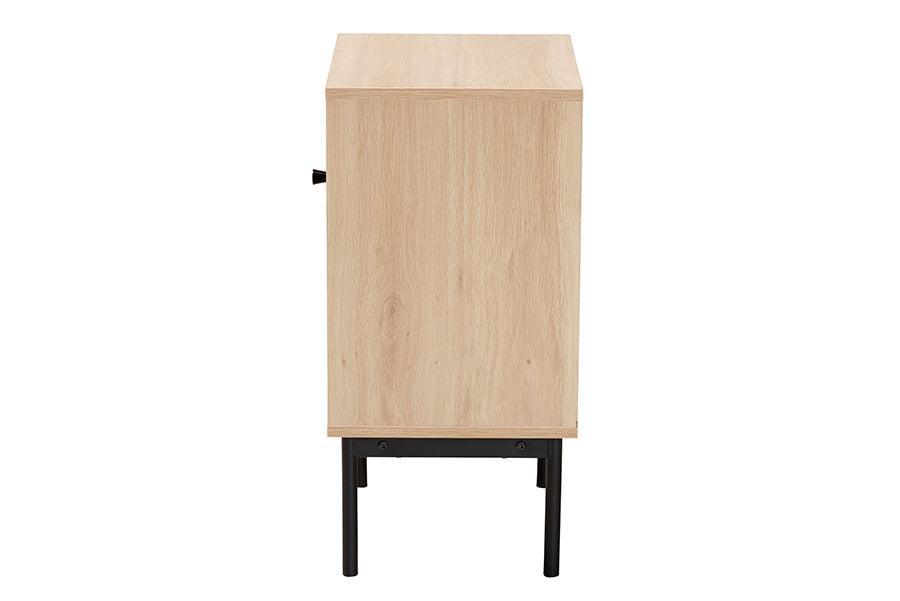Sherwin Mid-Century Modern Light Brown and Black 1-Door Cabinet with Woven Rattan Accent FredCo