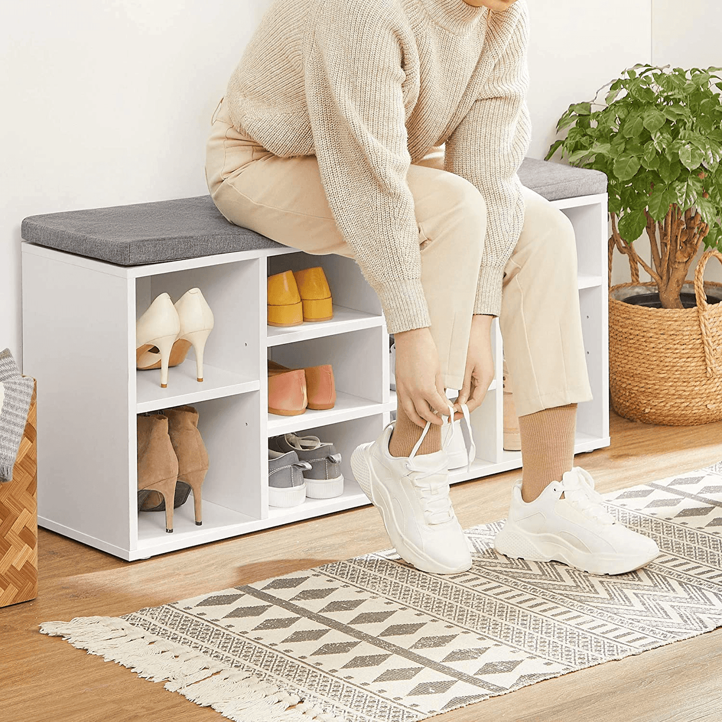 Shoe Bench Storage Cabinet White FredCo