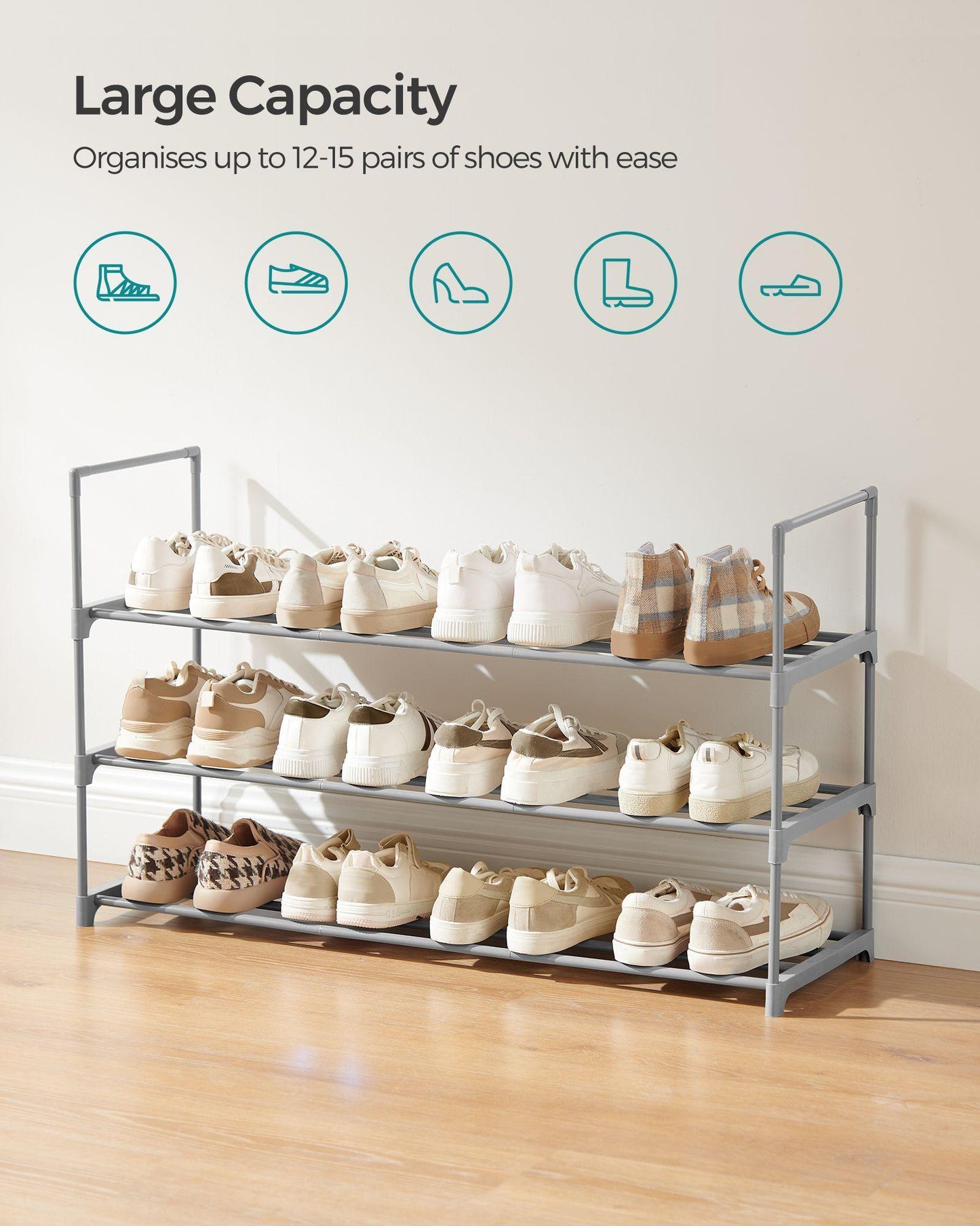 Shoe Rack, 3 Tier Shoe Organizer, Metal Shoe Storage Shelf for 15 Pairs of Shoes FredCo