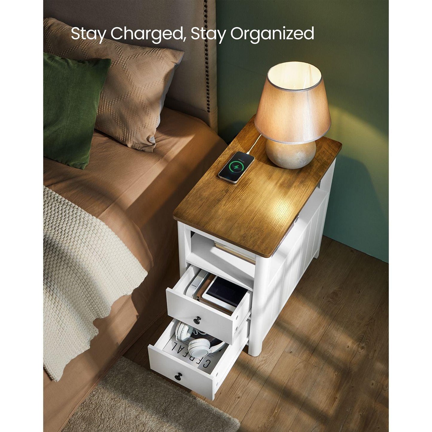 Side Table with Charging Station and 2 Drawers FredCo