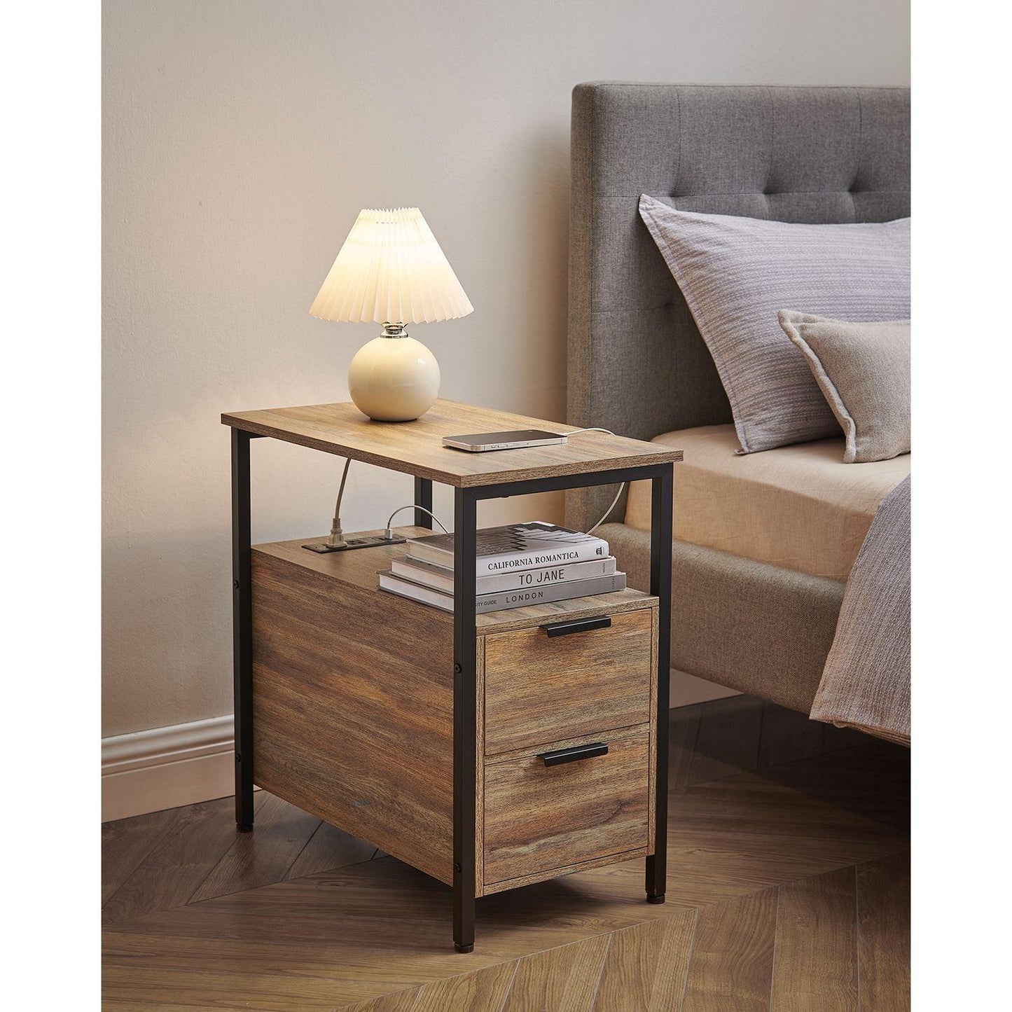 Side Table with Charging Station Oak with Blue Grains and Black FredCo