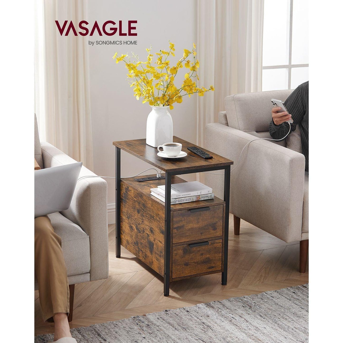 Side Table with Charging Station Rustic Brown and Black FredCo