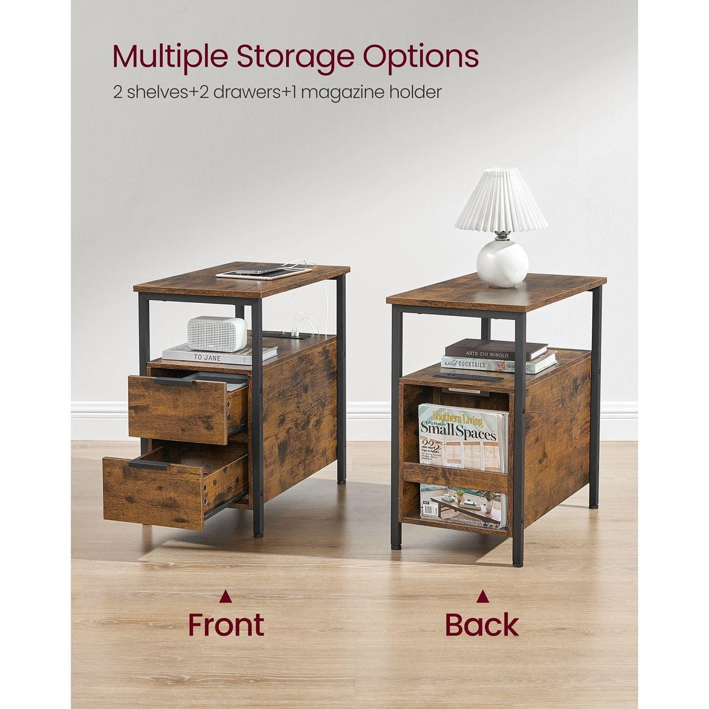 Side Table with Charging Station Rustic Brown and Black FredCo