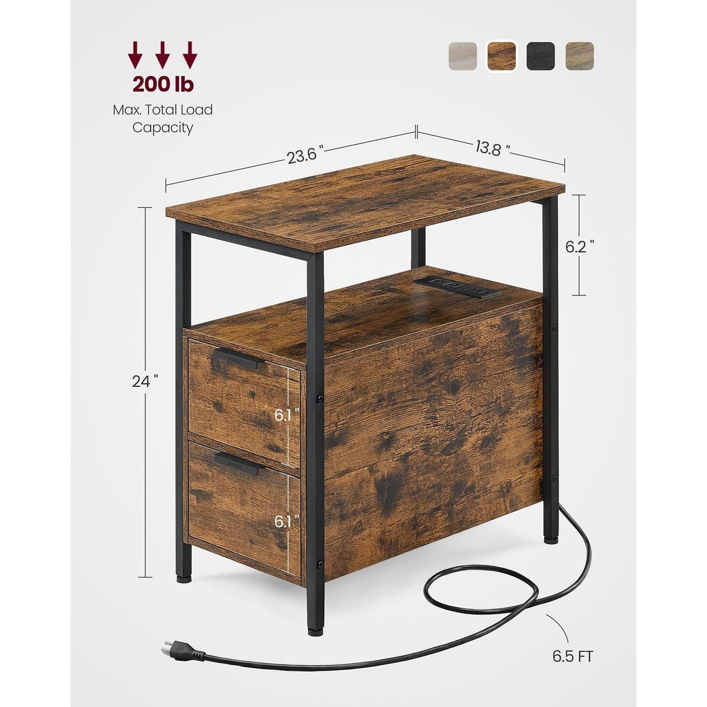 Side Table with Charging Station Rustic Brown and Black FredCo