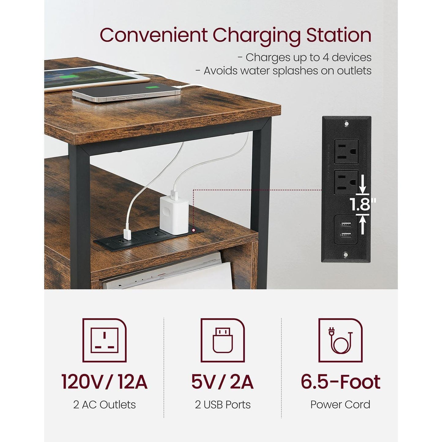 Side Table with Charging Station Rustic Brown and Black FredCo