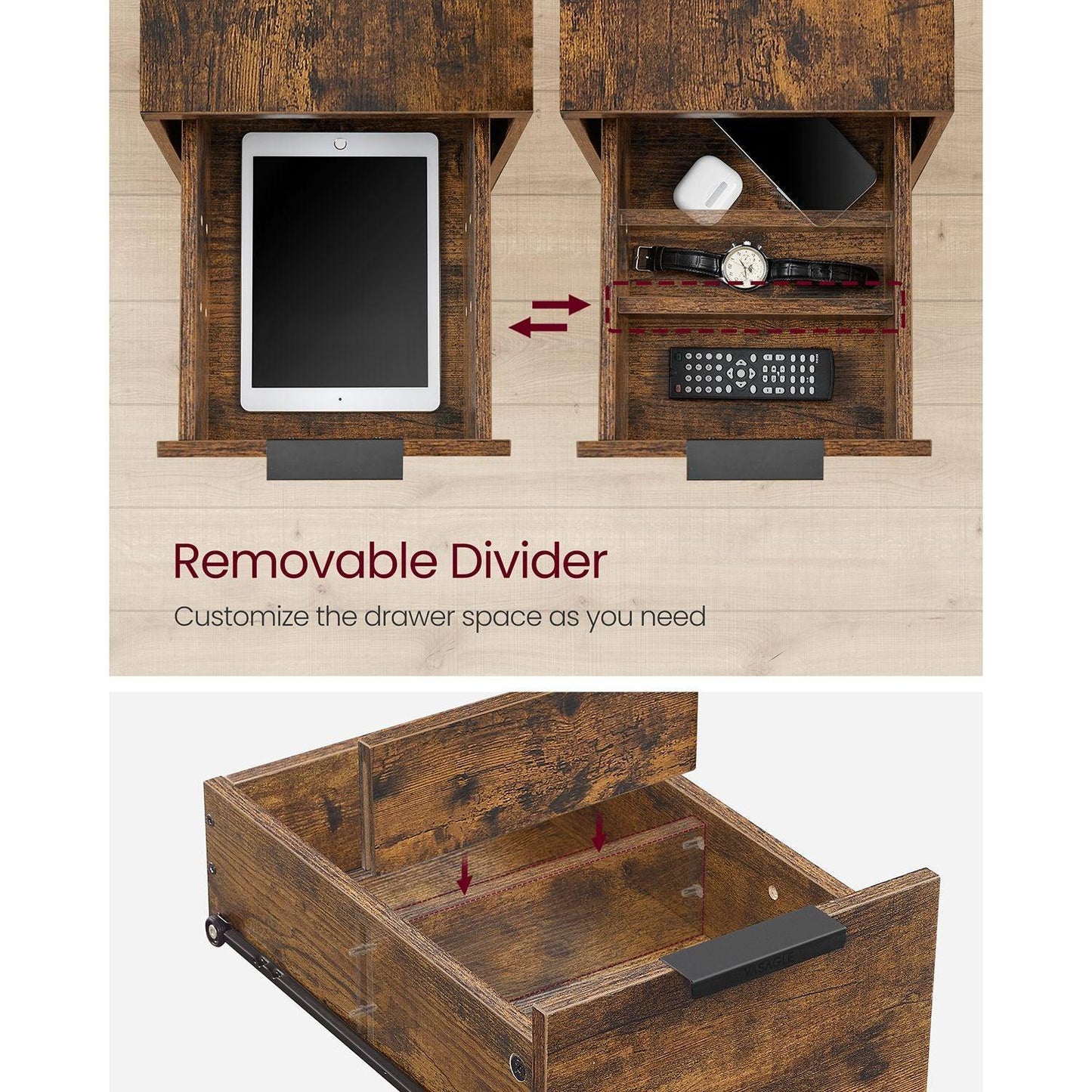 Side Table with Charging Station Rustic Brown and Black FredCo