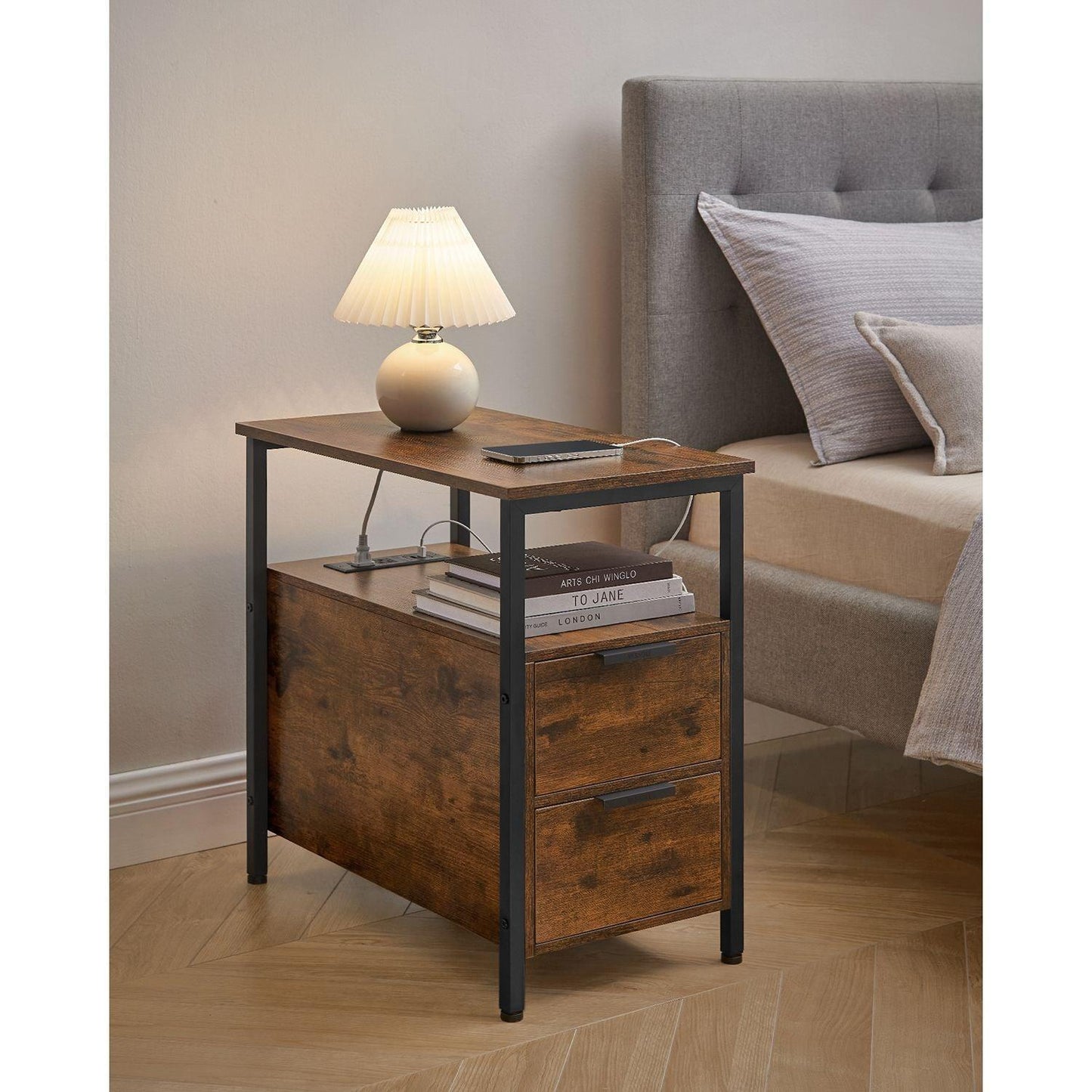 Side Table with Charging Station Rustic Brown and Black FredCo