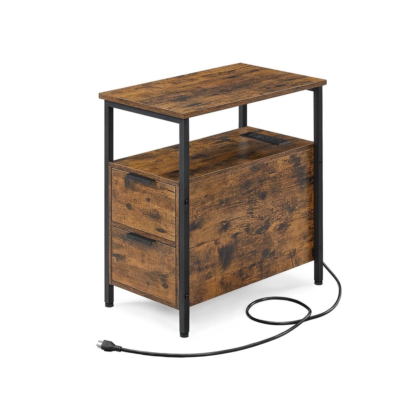 Side Table with Charging Station Rustic Brown and Black FredCo