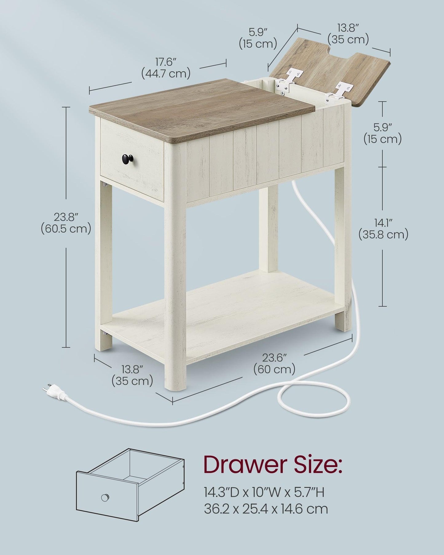 Side Table with Charging Station Vintage White and Heather Greige FredCo