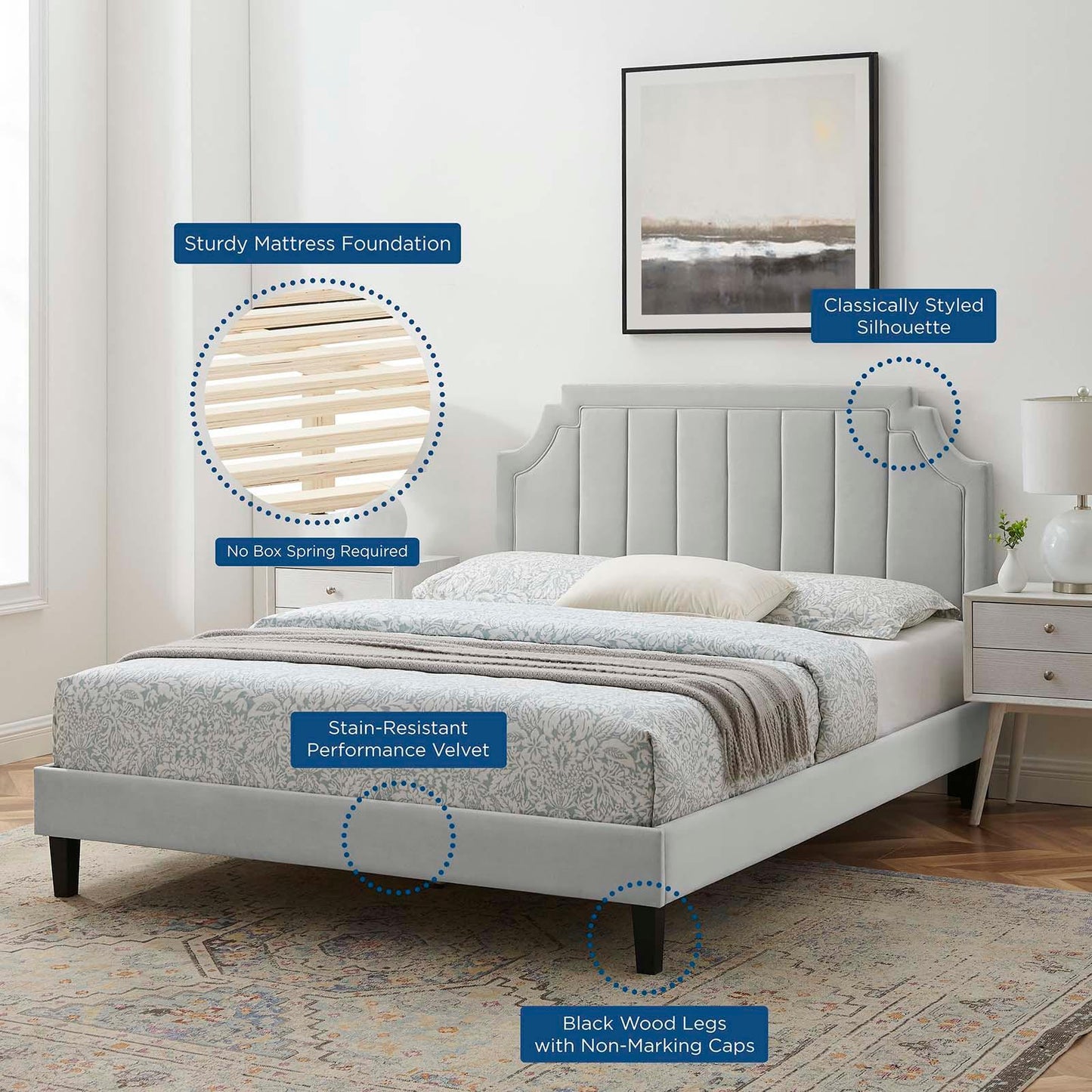 Sienna Performance Velvet Queen Platform Bed, MOD-6714 FredCo