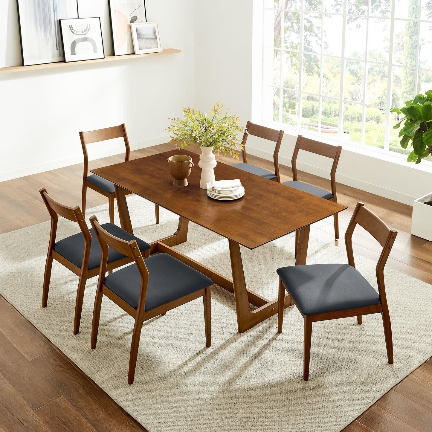 Solara 7-Piece Wood Dining Set with Vegan Leather Side Chairs by Modway FredCo