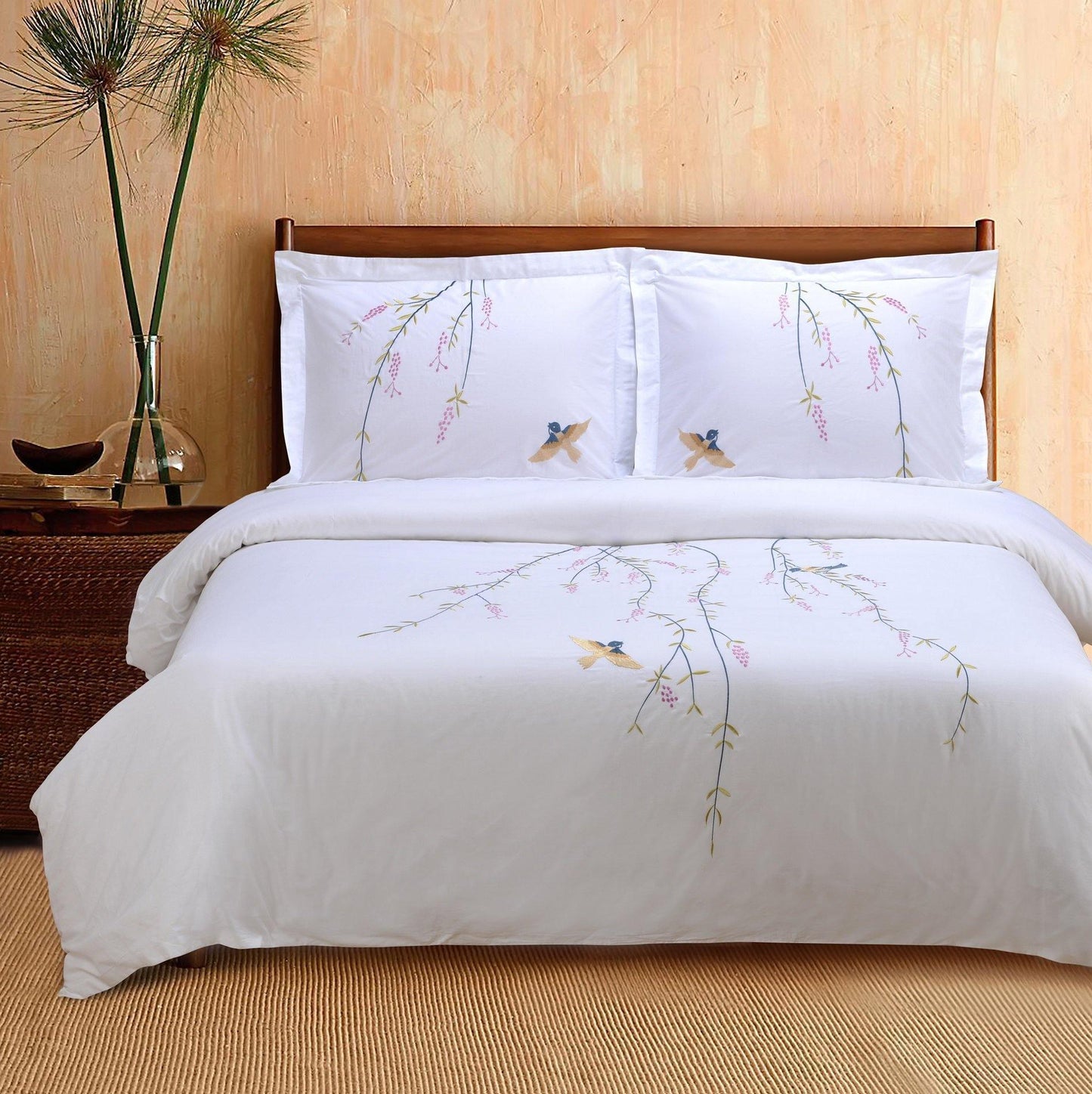 Spring 100% Cotton Birds Floral Embroidered Duvet Cover Set FredCo
