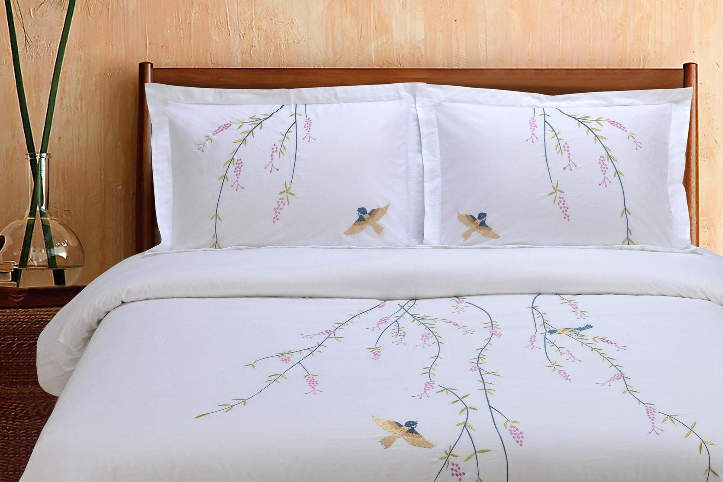 Spring 100% Cotton Birds Floral Embroidered Duvet Cover Set FredCo