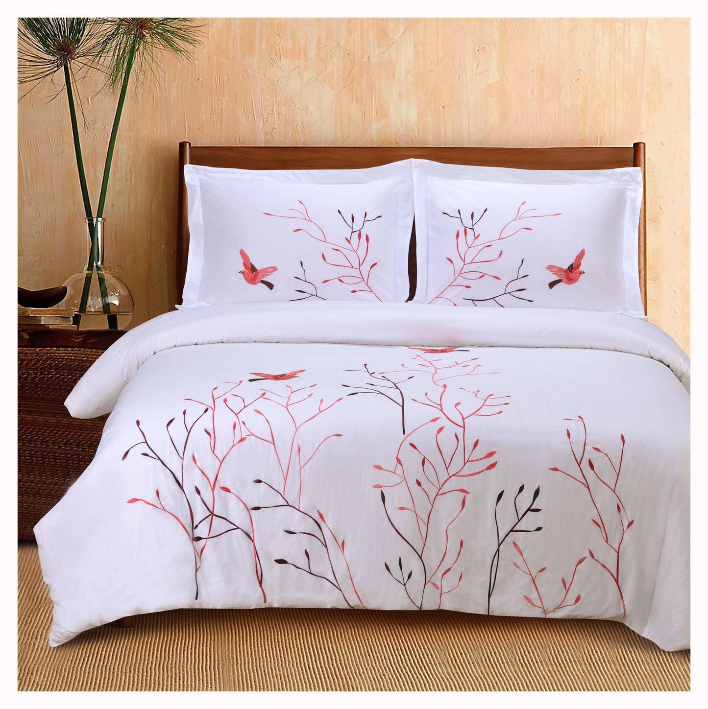 Swallow 100% Cotton Floral Embroidered Duvet Cover Set FredCo
