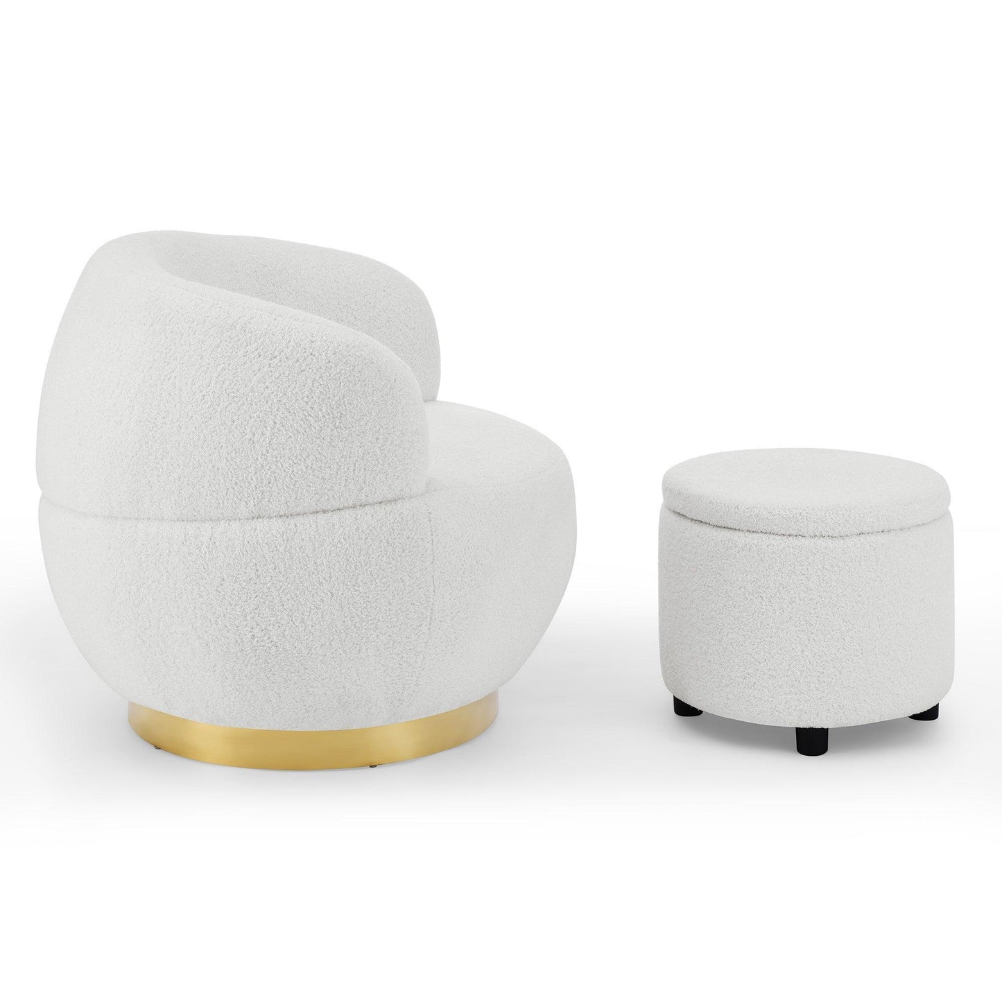 Swivel Barrel Chair with Gold Stainless Steel Base, with Storage Ottoman, Ivory FredCo