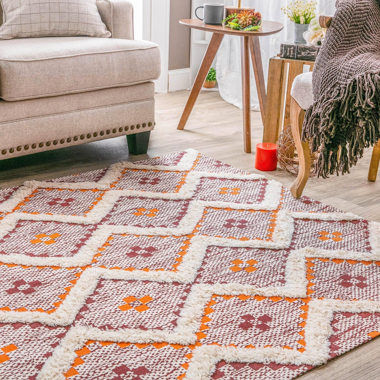 Talluah Hand-Tufted Cotton/Wool Textured Geometric Farmhouse Area Rug FredCo