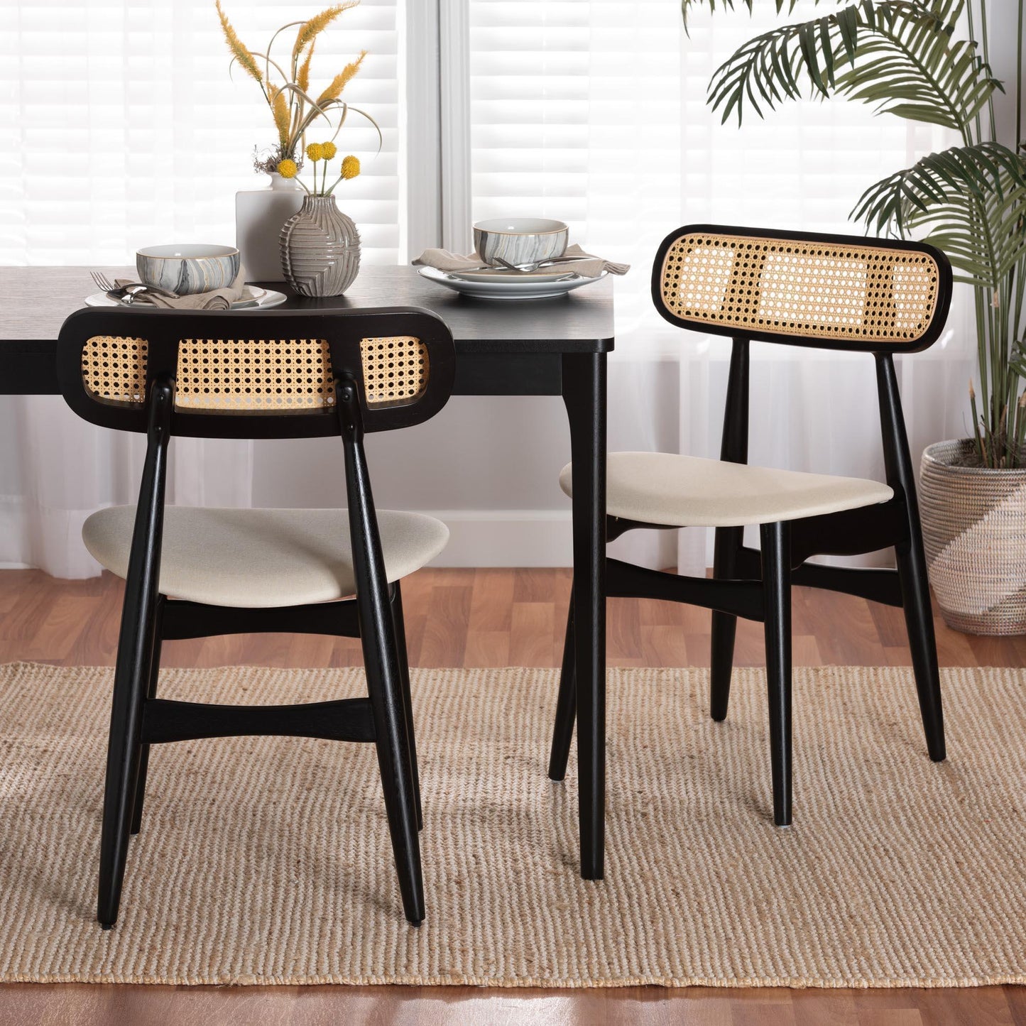 Tarana Mid-Century Modern Cream Fabric and Black Finished Wood 2-Piece Dining Chair Set FredCo