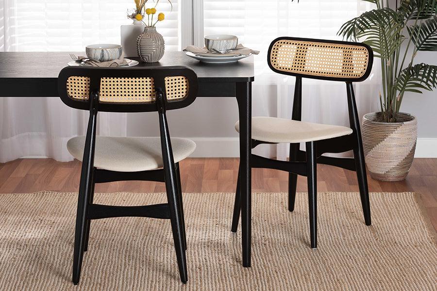 Tarana Mid-Century Modern Cream Fabric and Black Finished Wood 2-Piece Dining Chair Set FredCo