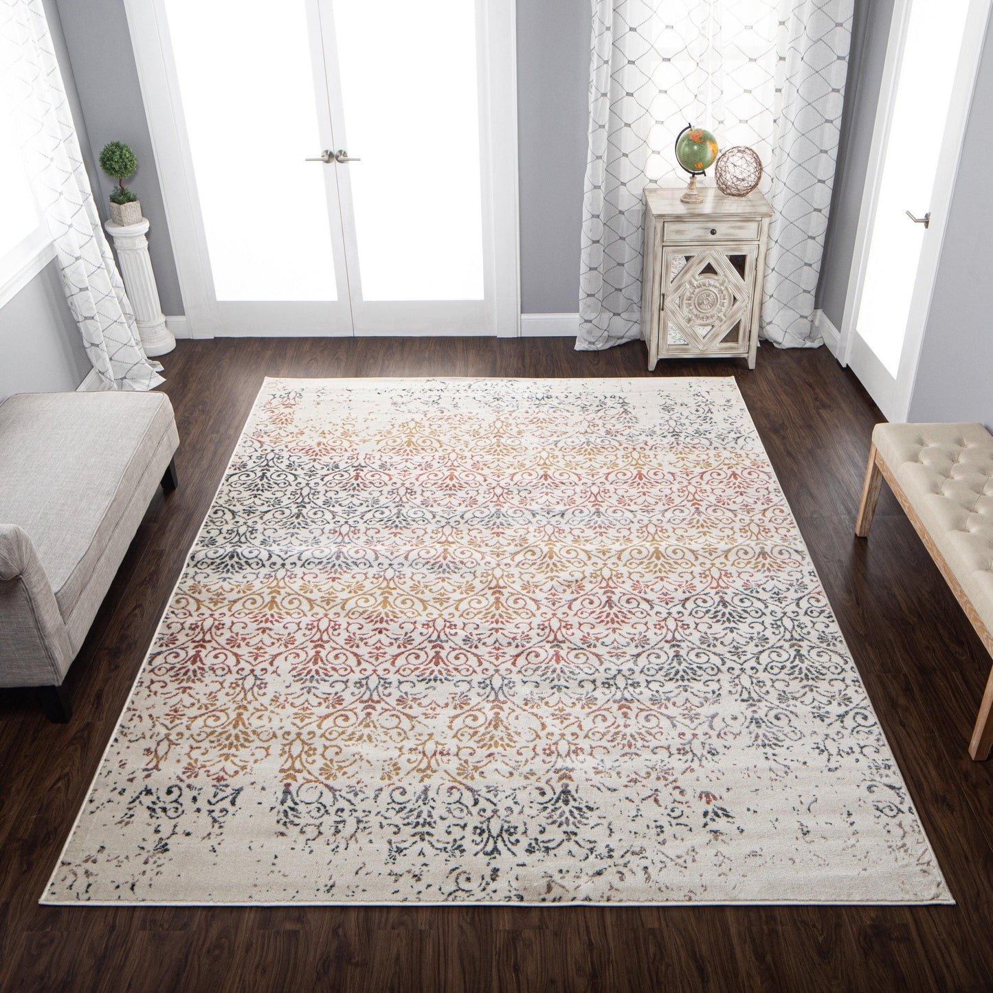Ulani Contemporary Oriental Distressed Damask Rug FredCo