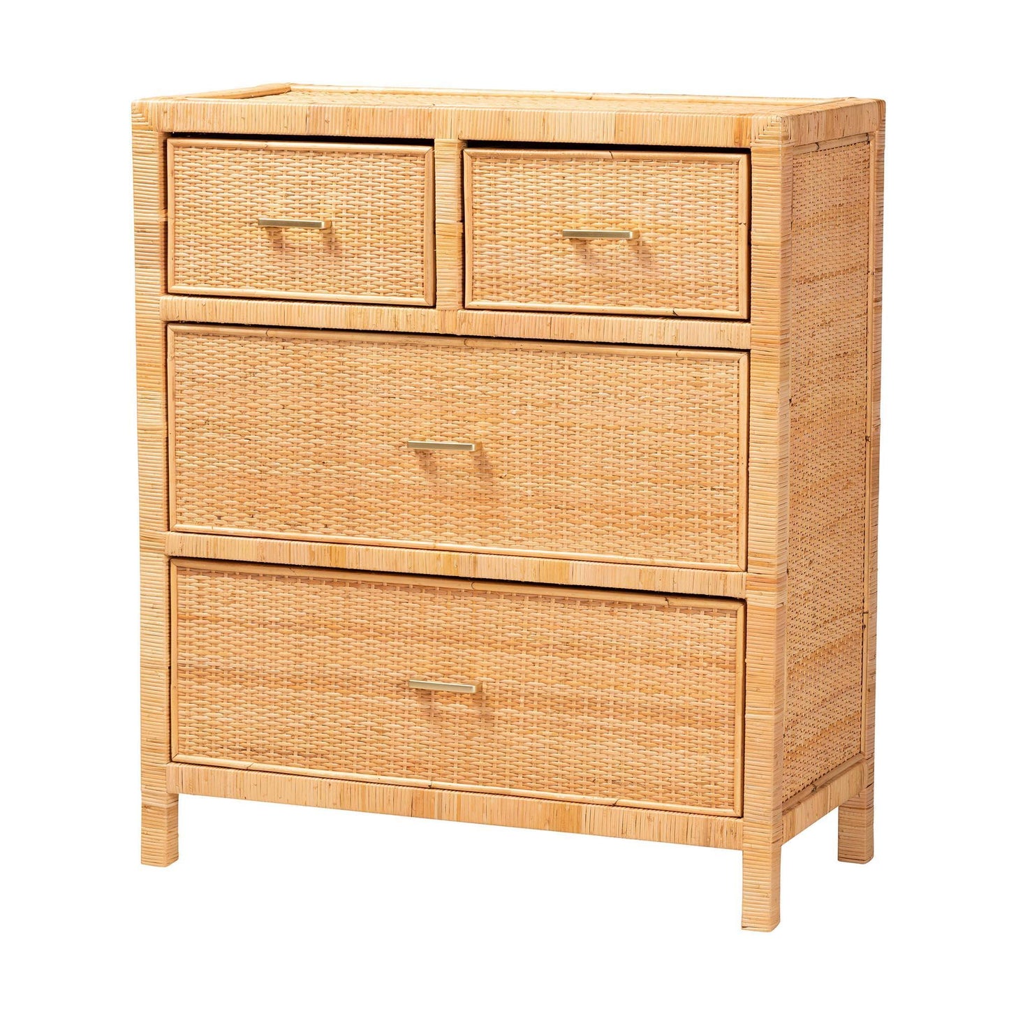 Vaere Modern Bohemian Natural Brown Rattan and Mahogany Wood Storage Cabinet FredCo