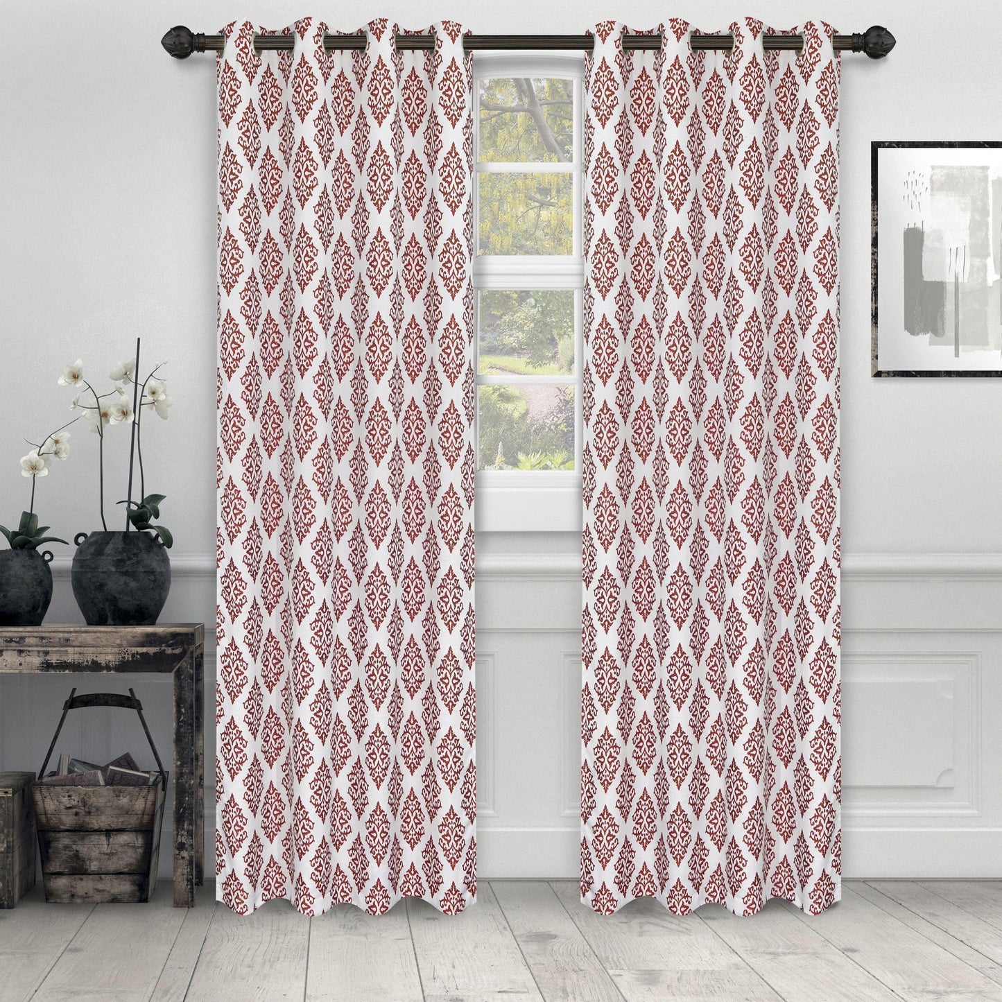 Venetian Damask Floral Jacquard Vintage Grommet Curtain Panel Set FredCo