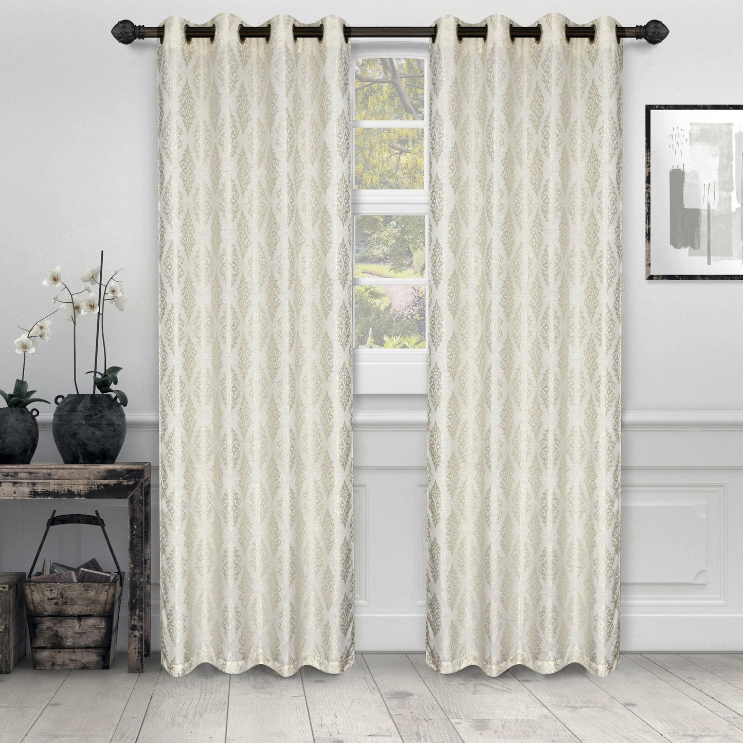 Venetian Damask Floral Jacquard Vintage Grommet Curtain Panel Set FredCo
